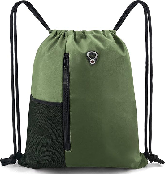 BeeGreen Green Drawstrings Backpacks Bags For Men String Backpack For Women With Water Bottle Pocket &Front Zippered Pocket Large Sackpack For Traveling Yoga Beach Outdoor Gym