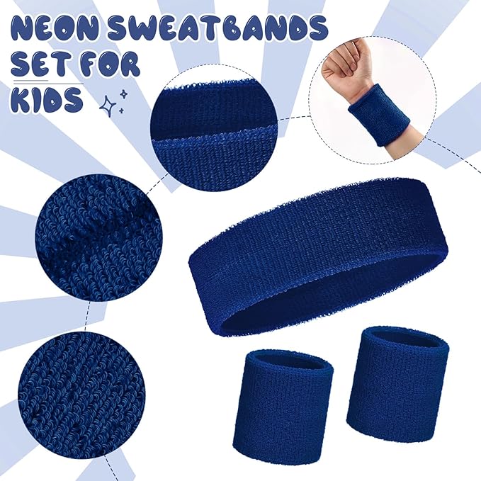 Bememo 36 Pcs Neon Sweatbands Set for Kids Bulk Sports Headband Wristband Set Cotton Terry Basketball Tennis for Students Youth 80s 90s Halloween Costumes Cosplay Glow Party