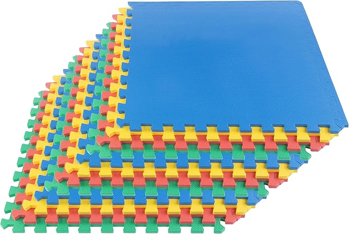 EVA Foam Mat Tiles 12-Pack - 48 SQ FT Interlocking Padding for Playroom or Gym Flooring - Workout Mat or Baby Playmat by Stalwart (Multicolor)