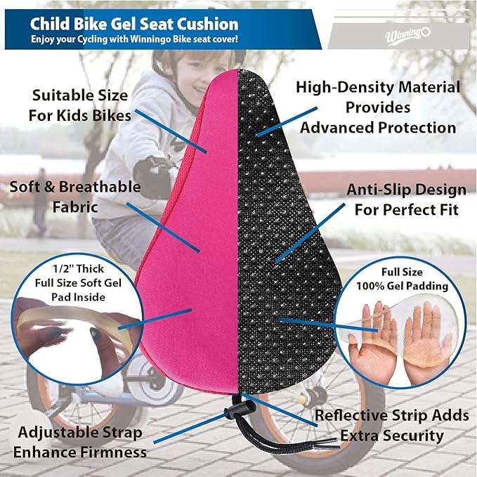 Gel Kids Bike Seat Cushion Cover, Anti-Slip Child Bike Seat Cover Comfortable Adjustable Small Bicycle Saddle Pad, 9'' X 6''