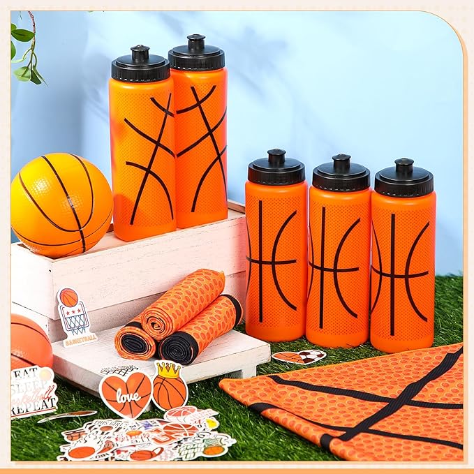 24 Pcs Basketball Water Bottle Basketball Cooling Towel Set with 50 Sticker Sports Party Favors Include 6 Reusable Sports Squeeze Water Bottle 6 Ice Towel Breathable Fast Drying for Team Gifts
