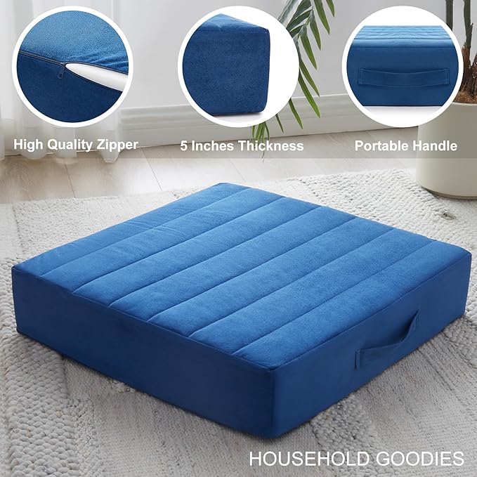 2 Pcs High Density Foam Floor Pillow - Upgraded Large Pillows Seating for Adults - Outdoor Floor Cushion with Soft Tufted Cover - Yoga Pillows for Sitting On Floor - 22 Inch Navy Blue
