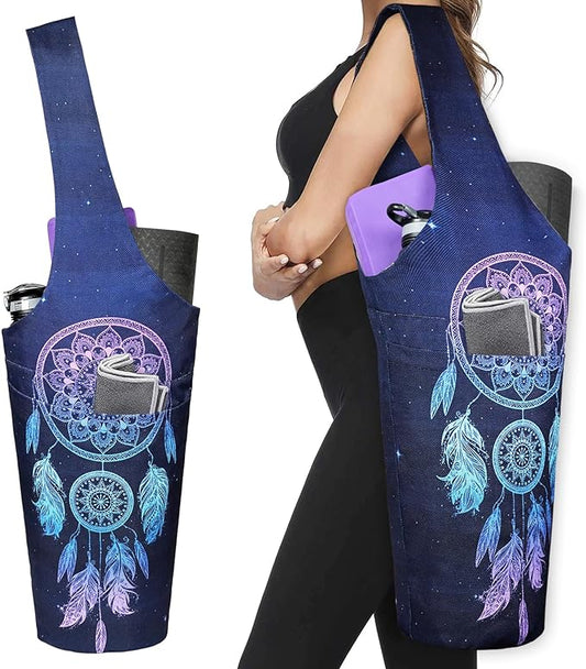 Fashion Printed Yoga Mat Bag with Large Side Pocket & Zipper Pocket Long Tote Yoga Bag Fit Most Size Mats - Holds More Yoga Accessories