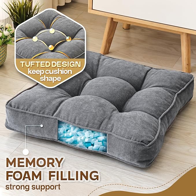 Floor Pillow Set of 2, Memory Foam Floor Cushions for Adults, Large Square Meditation Pillow for Sitting, 22 x 22 Inches (Square | Grey)