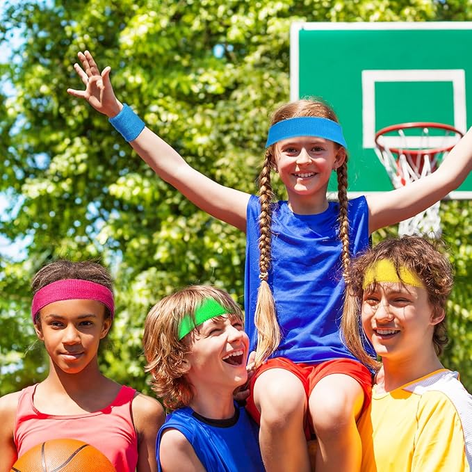 Bememo 36 Pcs Neon Sweatbands Set for Kids Bulk Sports Headband Wristband Set Cotton Terry Basketball Tennis for Students Youth 80s 90s Halloween Costumes Cosplay Glow Party