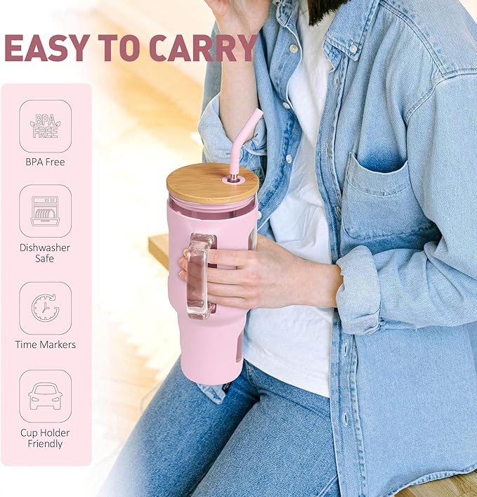 Glass Tumbler with Straw and Lid, 40 oz glass cup with handle, Glass Water Bottles with Time Marker, Silicone Protective Sleeve-Pink