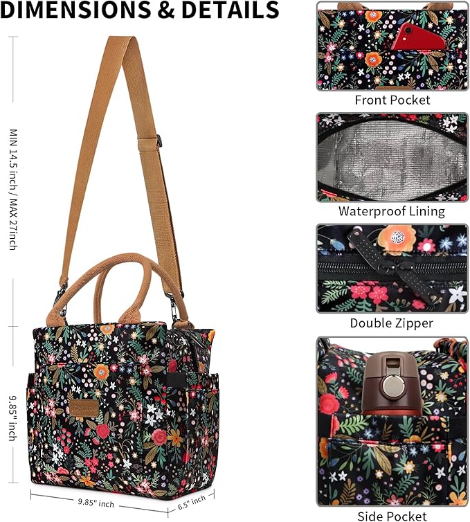 Joymee Lunch Bag Women, Leakproof Insulated Floral Lunch Box with Adjustable Shoulder Strap Large Reusable Adult Lunch Box Lunch Tote Lunch Bag with Water Bottle Holder and Side Pockets-Multi-Floral