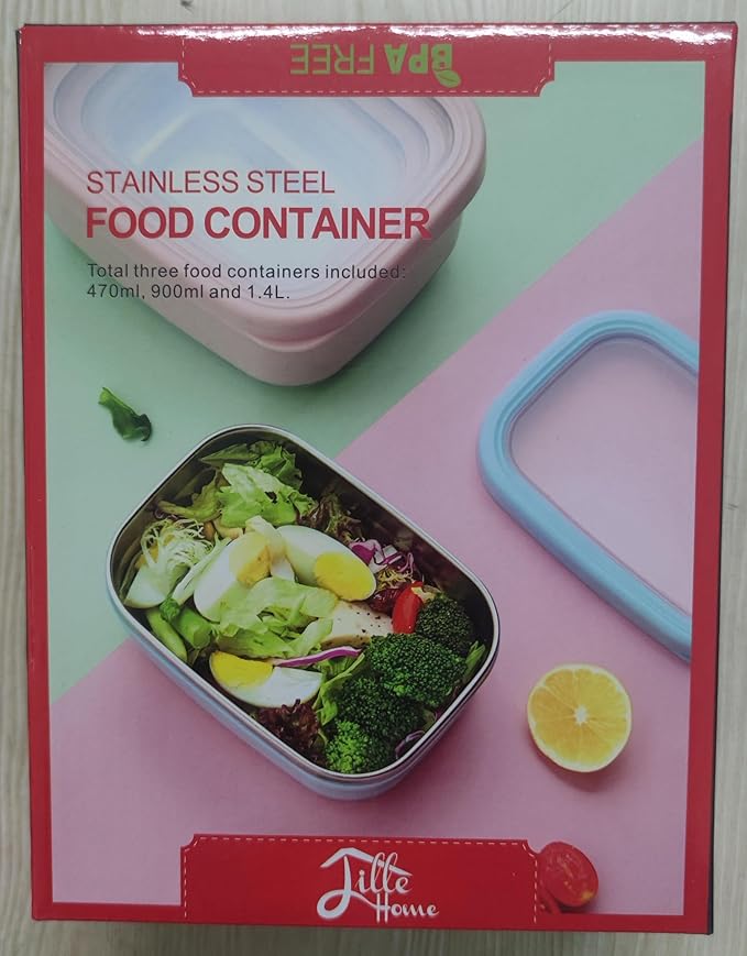 Lille Home Leak Proof Stainless Steel Lunch Snack Containers Set - Ideal for Educational Settings and Daycare - Nesting Trio with Silicone Lids - 47oz+30oz+16oz - Dark Pink