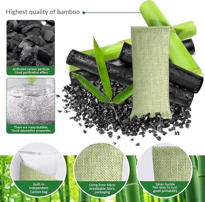 4 Pack charcoal odor absorber,Bamboo Charcoals Air Purifying Bag Charcoals Deodorizer Eliminator for Strong Odors in Car, Closet, Shoe, Basement (75G*4 Pack Light Green, Unscented)
