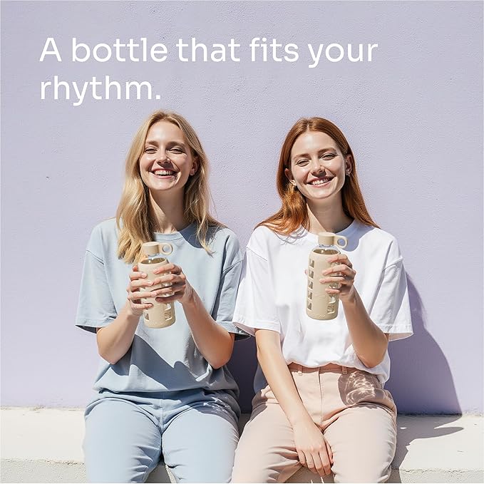 purifyou 40oz / 32oz / 22oz / 12oz Borosilicate Glass Water Bottle with Time & Volume Markers, Silicone Sleeve, Stainless Steel Lid | Reusable Glass Bottle for Water & Juice (22oz Pearled Ivory)