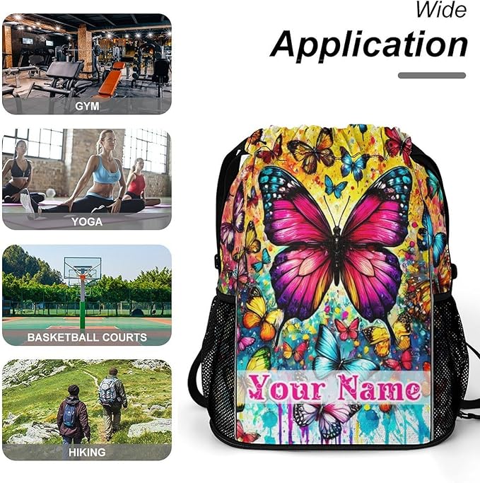 Custom Butterfly Drawstring Backpack - Cute Cinch Sack, String Backpacks with Pocket for Kids Boys Girls Women Men for Gym Outdoor Sports Travel Athletic Drawstring Bag - Lightweight/Foldable