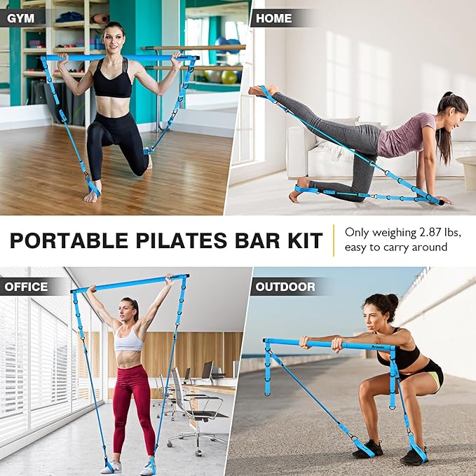 Pilates Bar Kit with Resistance Bands, Pilates Workout Equipment for Legs, Hip, Waist, Arm, Squats Exercise Equipment for Home Workouts, Adjustable 3-Section Pilates Bar Kit for Women & Men