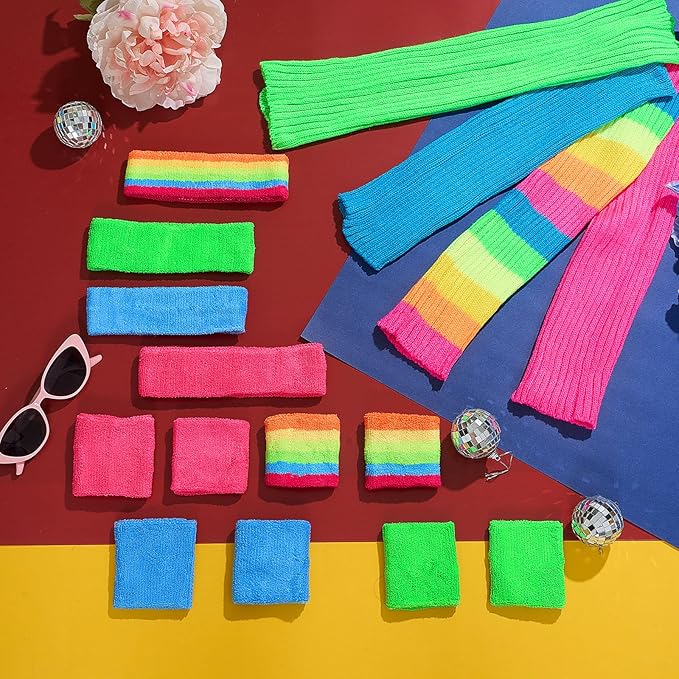Haysandy 4 Sets 80s 90s Leg Warmers Set for Women Costume Neon Headband Rainbow Wristbands for Sport Yoga Workout Clothes