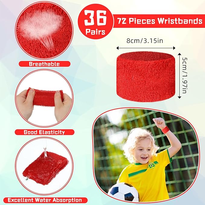 Leyndo 72 Pcs Wrist Sweatbands Bulk for Kids Field Day Cotton Terry Sweat Bands Sports Fan Wristbands Kids for Summer Camp Student Football Team Competition Party