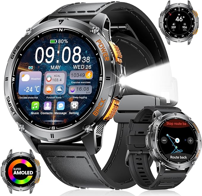 GPS Smart Watch for Men with LED Light/530mAh Battery, 1,43'' AMOLED Military Smartwatch with Compass/Barometer/Altimeter, Heart Rate/Sleep, 5ATM Waterproof Fitness Watch for Android iOS, Black