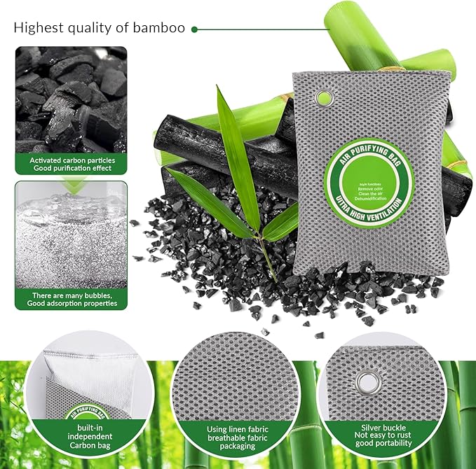 4 Pack charcoal odor absorber,Bamboo Charcoals Air Purifying Bag Charcoals Deodorizer Eliminator for Strong Odors in Car, Closet, Shoe, Basement (200G*4 Pack Gray, Unscented)