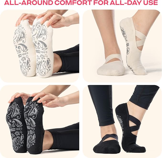 CoolMate Pilates Socks with Grips for Women, Yoga Socks, Crew Non Slip Women for Workout, Barre, Pilates Gifts