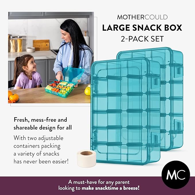 Large Kids Snack Box Containers Set of 2 -100 Labels, BPA-Free, Adjustable Compartments, Dishwasher Safe, Reusable Tray, Food Grade, Meal Prep Container, PARENT TESTED PARENT APPROVED AWARD (Blue)