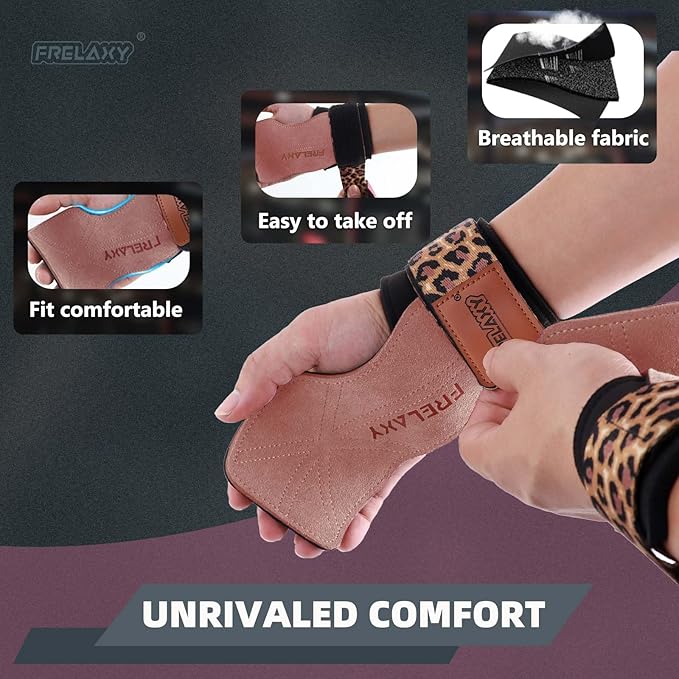 Frelaxy Lifting Wrist Straps Women and Men, Weight Lifting Grips with Cushion Wrist Loop, Double Layer Leather and Storage Pouch, Gym Workout Straps for Deadlift and Powerlifting