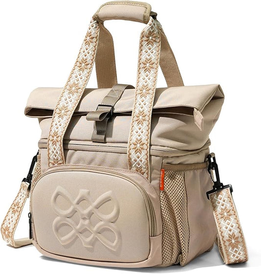 Dual Compartment Insulated Lunch bag, with 2 Leakproof Compartments & Roll-top, 13L lunchbox for work (Oatmeal Beige)