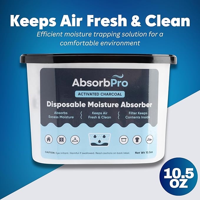 Moisture Absorber Tub with Activated Charcoal - 6-Pack - 10.5 oz Disposable Odor Eliminator Box & Dehumidifier for Garage, Home, Kitchen, Bedroom, Bathroom, Closet, Cars, and Boats