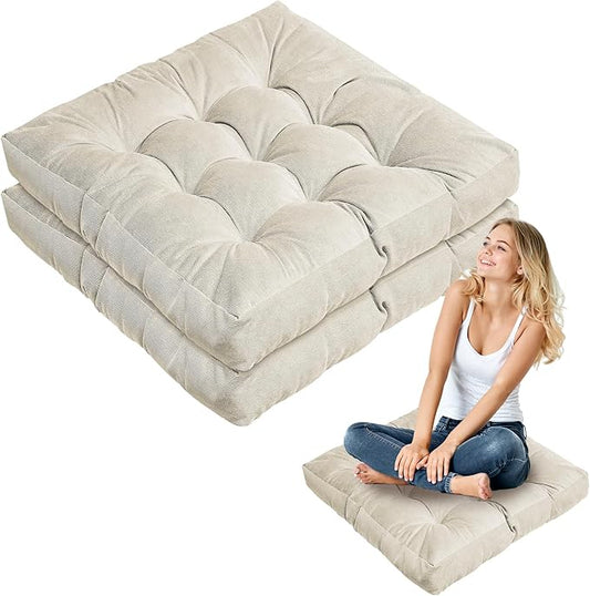 Jerify Floor Pillow Cushions 22 x 22 Inch Round Square Large Meditation Floor Pillow for Classroom Adult Meditation Picnic Party Cushion for Seating Gift Christmas(Square,Beige,2 Pcs)