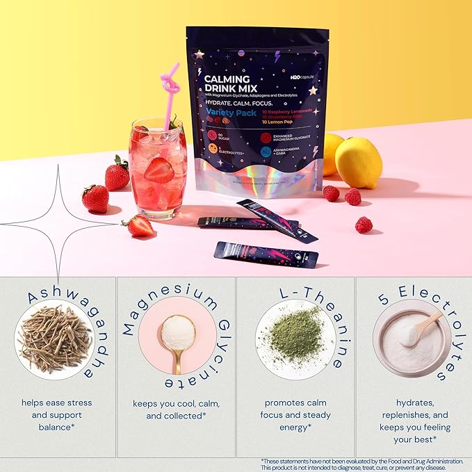 Calm Magnesium Glycinate Drink Mix with Electrolytes – Sugar Free Powder with Ashwagandha, L-Theanine, Vitamin B & GABA – Cortisol Support, Stress Relief, Hydration & Focus - 30 servings (Variety)