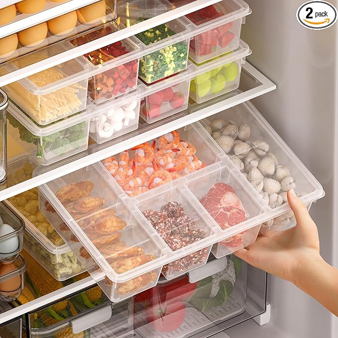 Taiuloo 2 Pack Divided Veggie Tray with Lid, 5 Compartment Salad Bar Containers for Fridge, Clear Snackle Box Organizer, Plastic Food Storage for Fruit, Vegetable, Snack, Meal Prep