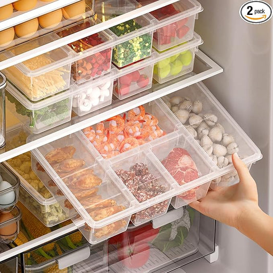 Taiuloo 2 Pack Divided Veggie Tray with Lid, 5 Compartment Salad Bar Containers for Fridge, Clear Snackle Box Organizer, Plastic Food Storage for Fruit, Vegetable, Snack, Meal Prep