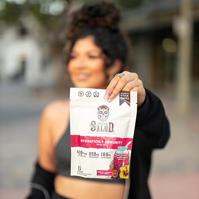 Salud 2-in-1 Hydration Packets + Immunity Electrolytes Powder, Hibiscus - Jamaica Agua Fresca Drink Mix, Elderberry, Dairy & Soy Free, Non-GMO, Gluten Free, Vegan, Low Calorie, 1g Sugar (15 Servings)