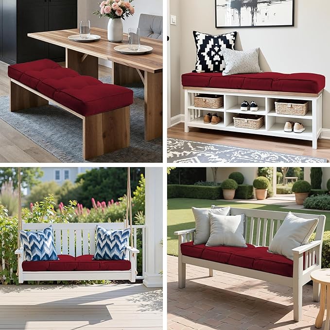 Detiblue Bench Cushion for Indoor Furniture，48x16x4Inch Tufted Bench Seat Cushion with Non-Slip, Comfortable and Durable for Shoe/Entryway/Storage with Cushion（CrossLinen Deep Red）