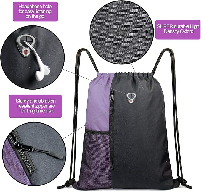 BeeGreen Lilac Drawstring Backpack Sports Gym String Backpack For Women Men Large Size Cinch Sack Workout Bag with Zipper and Water Bottle Mesh Pockets