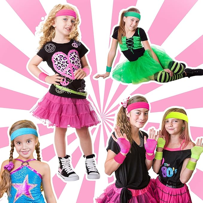 Bememo 36 Pcs Neon Sweatbands Set for Kids Bulk Sports Headband Wristband Set Cotton Terry Basketball Tennis for Students Youth 80s 90s Halloween Costumes Cosplay Glow Party