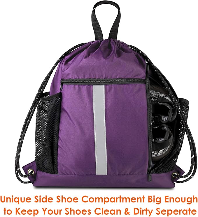 BeeGreen Purple_Drawstring_Backpack_Bag_Sports_Gym_Backpack with Shoe Compartment and Two Water Bottle Holder for Men Women Large String Athletic Sackpack Workbag