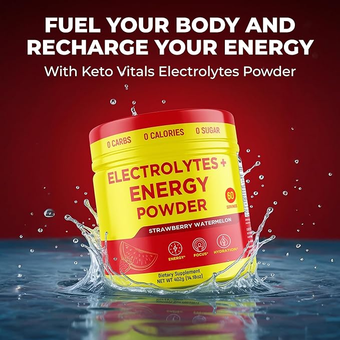 Keto Vitals Electrolytes + Energy Powder with 100mg Natural Caffeine, L Theanine & Organic Lion's Mane Extract - 60 Servings Energy Drink Powder for Workouts - Sugar Free Electrolytes