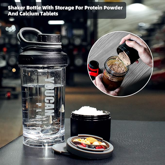 21oz Protein Shaker Bottle with Powder Storage Container-Shaker Cups for Protein Shakes-pre workout bottle-Mixer Cup-Gym Sport Water Bottle -Made with Tritan BPA Free,with Wire Whisk Balls,Red