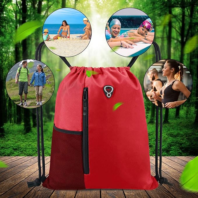 BeeGreen Red Lightweight Drawstring Backpack For Women W Water Bottle Pocket &Front Zippered Pocket Large Sports String Sackpack For Traveling Yoga Beach Outdoor Gym