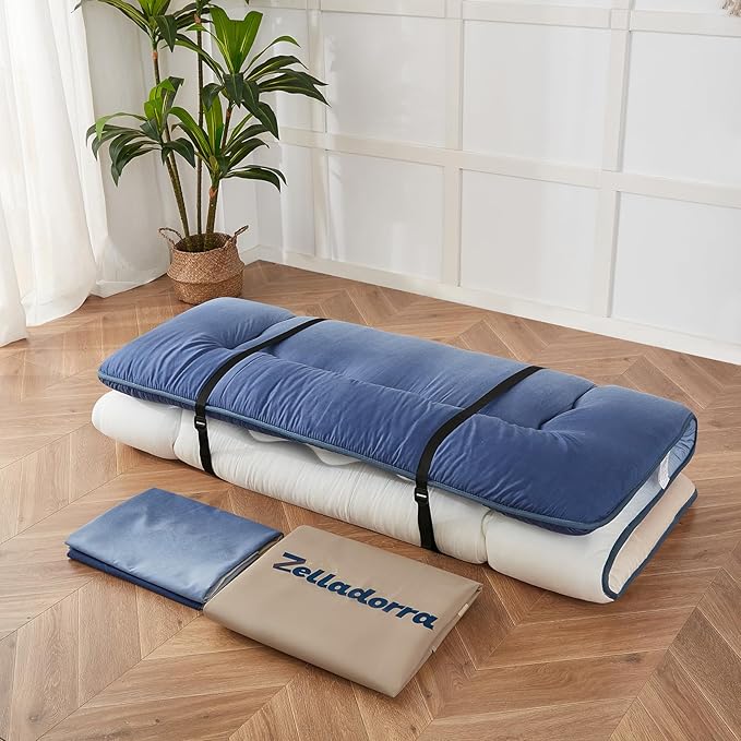 Japanese Floor Mattress, Futon Mattress with Portable Storage Bag and Washable Cover, Roll Up Thick Tatami Mat Suitable for Camping, Guest Room (Coastal Gradient, Full)