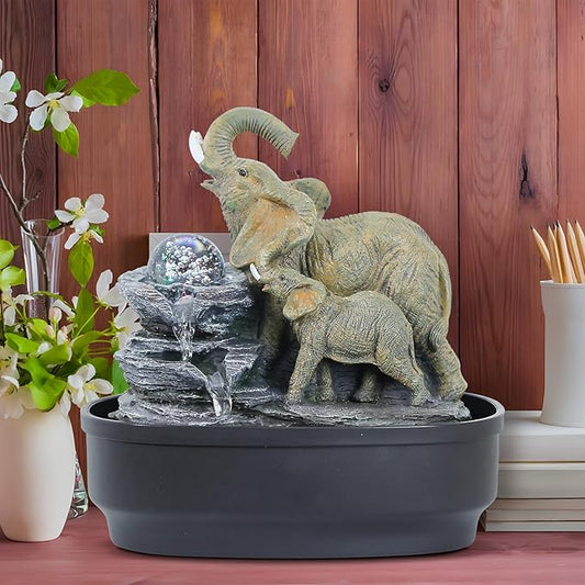 Elephant Tabletop Fountain with Rotating LED Crystal Ball & Cascading Rocks, 10.8" Indoor Waterfall Decor for Living Room,Office,Bedroom,Study,Zen Elephant Lover Gift