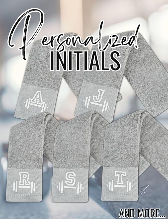 Gym Towel, Personalized Workout Gifts for Men, Women, Sports Lover, Exercise Fitness Gift for Gym Enthusiast on Birthday, Christmas, Soft and Absorbent Towel, Gray, Initial R