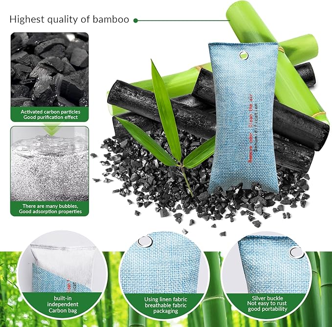 4 Pack charcoal odor absorber,Bamboo Charcoals Air Purifying Bag Charcoals Deodorizer Eliminator for Strong Odors in Car, Closet, Shoe, Basement (75G* 4 Pack Blue, Unscented)