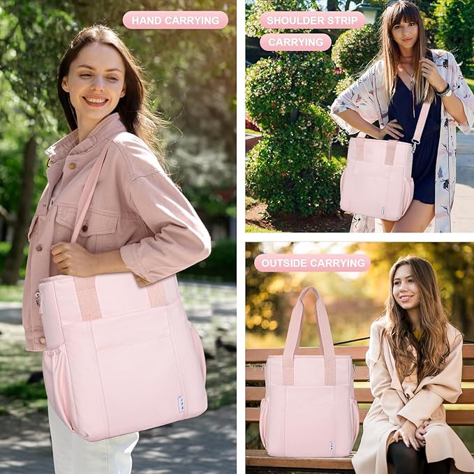 NOL Insulated Lunch Bag for Women, Large Spacious Lunch Tote Bag With Removable Adjustable Shoulder Strap with Multi Pockets,Leakproof Cooler Bag,Lightweight Nylon Waterproof Lunch Box For Work,Pink