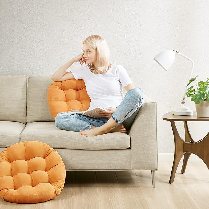 Floor Cushion Pillow Set of 2, Round Large Pillows Seating for Adults, Tufted Corduroy Cushions for Living Room Tatami, Orange Yellow, 22 Inch