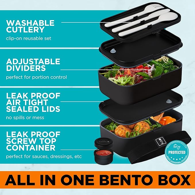 Double Premium Bento Box Adult, 67 fl oz BPA-Free - Black Stackable Lunch Box with Leak-Proof Lids & Dividers, Perfect for Meal Prep, Lunches & Portion Control