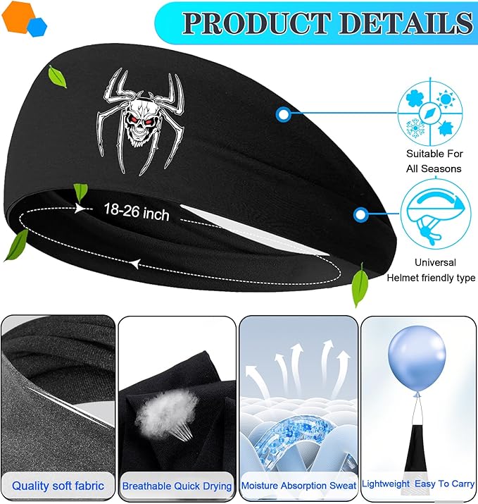 Headbands for Men 3 Pack Sport Sweat Bands Headbands Men Skull Finger Workout Sweatbands for Mens Women Head Bands Cooling Running Men's Hairband Headband