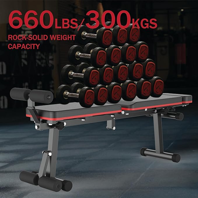 Adjustable Weight Bench, Foldable, Incline/Decline/Flat, Full Body Workout, Extended Head Design, 660 lbs/300 kgs Capacity