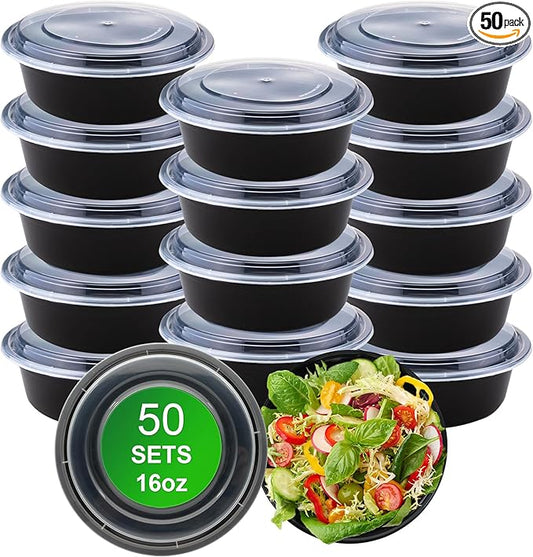 Round Meal Prep Containers with Lids, 50 Pack 16oz (100-Piece) Disposable Leakproof Take Out Food Storage Containers, Plastic To Go Lunch Boxes, BPA Free, Microwave/Dishwasher/Freezer Safe