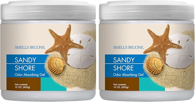 SMELLS BEGONE Air Freshener Odor Absorber Gel - 15 oz, Pack of 2 - Absorbs and Eliminates Odor in Pet Areas, Bathrooms, Cars, & Boats - Made with Essential Oils - Sandy Shore Scent