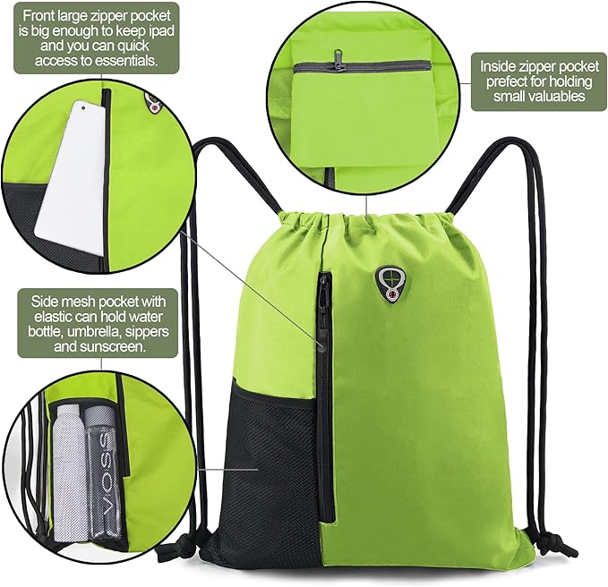 BeeGreen Lime Drawstring Backpack Gym Bag For Men & Women – Sports Sackpack with Mesh Water Bottle Holder & 2 Zippered Pockets – Large 16x20 Inch Cinch String Backpack Workout Bag for Running, Travel