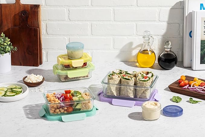 Ello Color Lock 12PC Mixed Glass Food Storage Sets, Leak-Proof Glass Food Storage Containers with Airtight BPA-Free Plastic Lids, Dishwasher, Microwave, and Freezer Safe, Purple Rain